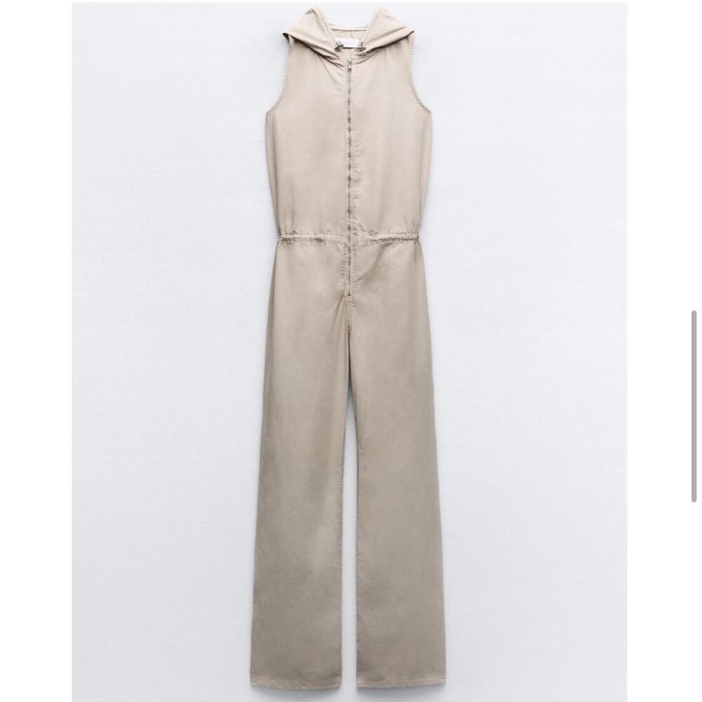 Zara Sleeveless Hooded Jumpsuit Khaki Size Large Trending Y2K Utility - Picture 2 of 8